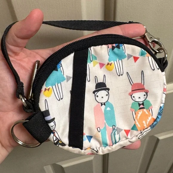 LeSportsac Round Wristlet Pouch in Cream with Multicolor Bunny Picnic Print - Picture 2 of 10